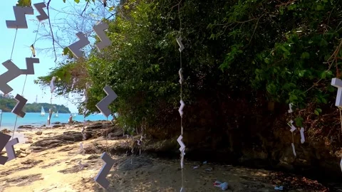 Long ropes and figures are tied to the trees. Stock Footage 243279580