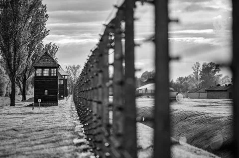 Long row of electrified barbed wire fencing and distant guard towers at Ausch Stock Photos