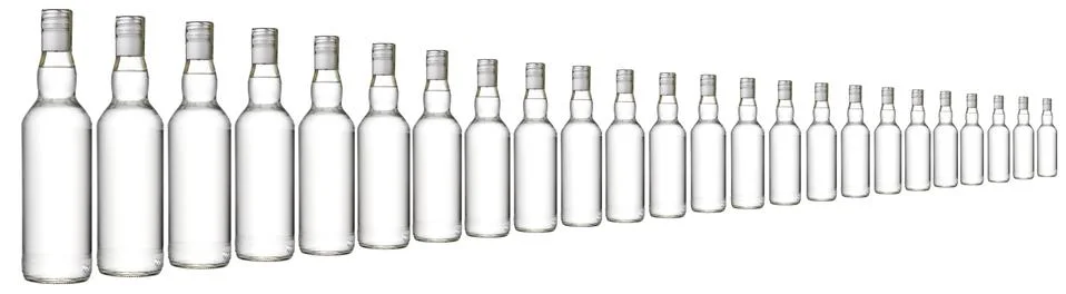 Long row of empty bottles of vodka or other alcohol Stock Photos