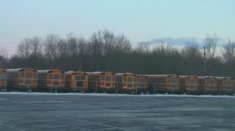 Long row parked school buses Stock Footage 1053406