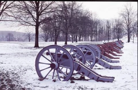 Long row of Revolutionary War cannons at Valley Forge Stock Photos