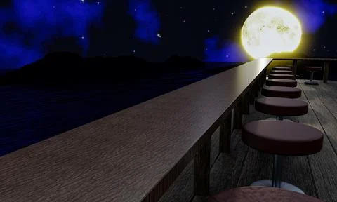 Long row seats, tables made of wood On the plank deck is a terrace or balcony Stock Illustration