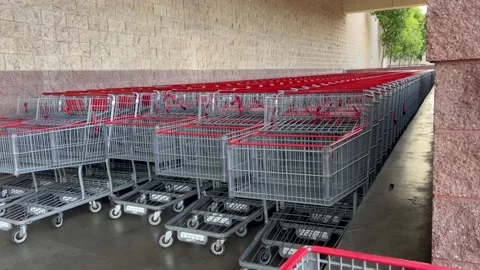 Long row of shopping carts from the front Stock Footage 238747850