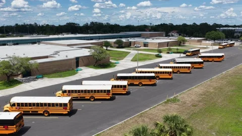 Long row of yellow school buses lines curved pavement outside Plant City 库存影片 340968879