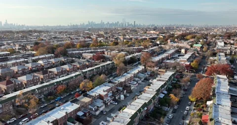 Long rows of attached homes in Middle Village Queens Stock Footage 167440907