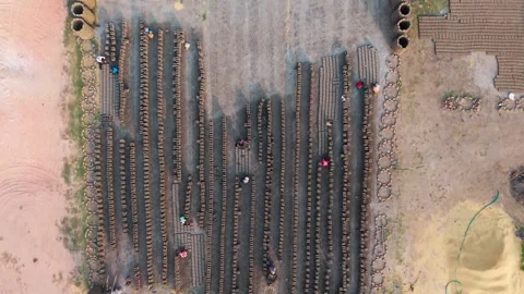 Long rows of clay bricks laid out to dry across a brick factory ground Stock Footage 340607729