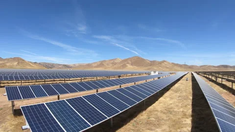 Long Rows Solar Panels Farm Sunny Day California Desert High Angle 4K Stock Footage 146140299
