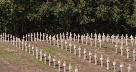 Long rows of war graves at German war cemetery Ysselsteyn, Netherlands, 4K Stock Footage 95090918