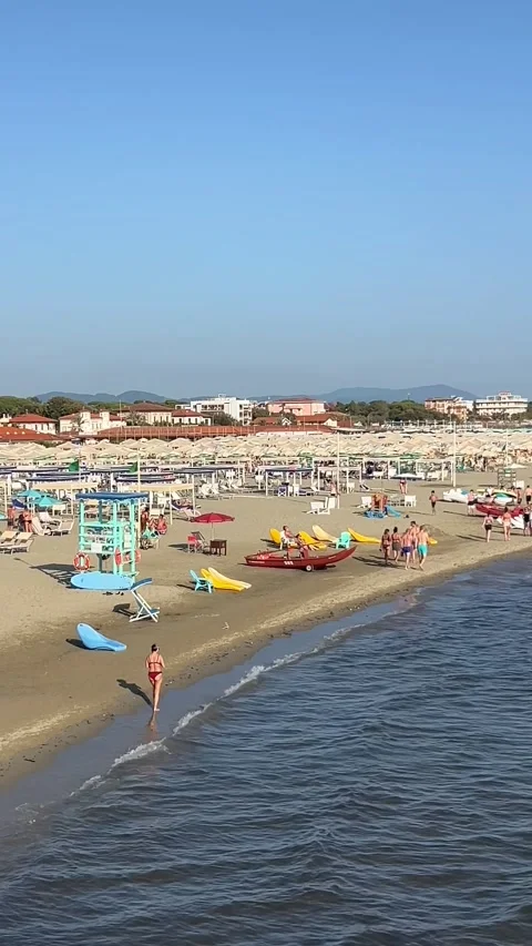 Long sand beach with umbrellas and sunbeds on traditional beaches in Italy Stock Footage 340075345