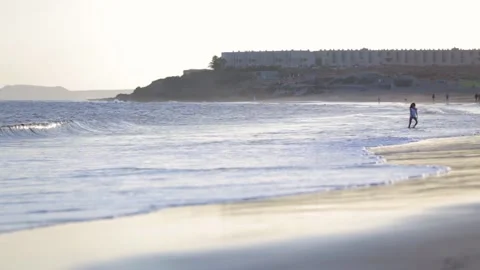 Long sandy beach with big waves crashing on the shore Stock Footage 162311397