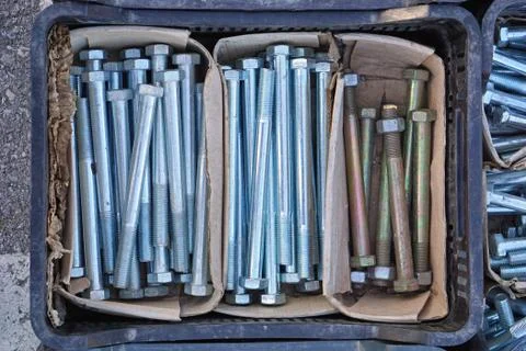 Long screws in box Stock Photos