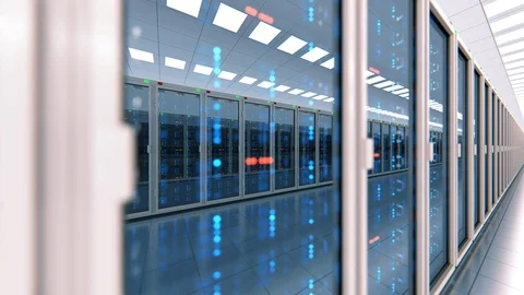 Long server room in data center full of telecommunication equipment Stock Footage 96417469