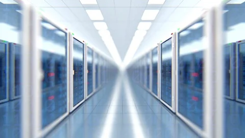 Long server room in data center full of telecommunication equipment Video stock 96417495