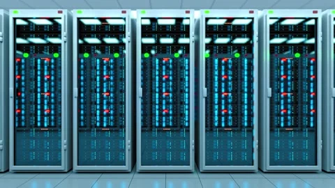 Long server room in data center full of telecommunication equipment Stock Footage 141049663