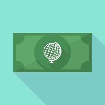 Long shadow banknote icon with a world globe Stock Illustration