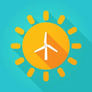 Long shadow bright sun icon with a wind turbine Stock Illustration