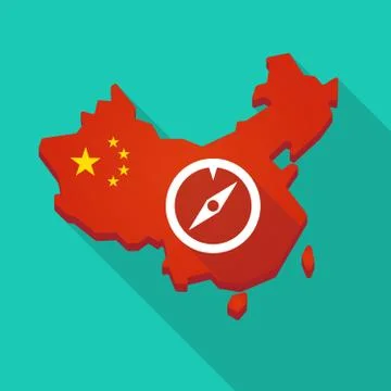 Long shadow China map with a compass Stock Illustration