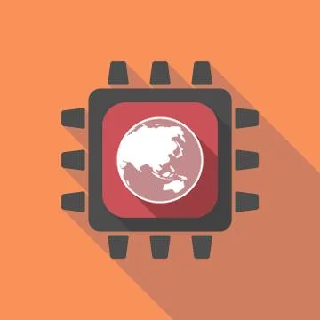 Long shadow cpu with  an Asia Pacific world globe map Stock Illustration