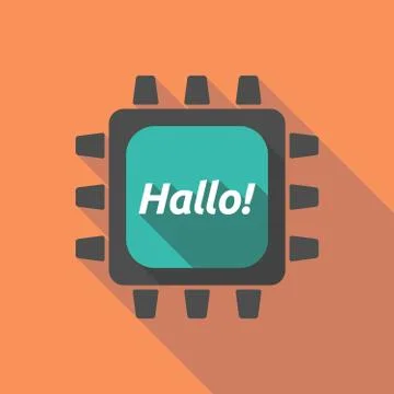Long shadow cpu with  the text Hello! in the German language Stock Illustration
