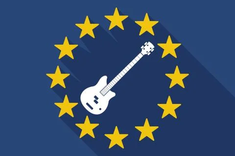 Long shadow EU flag with  a four string electric bass guitar Stock Illustration