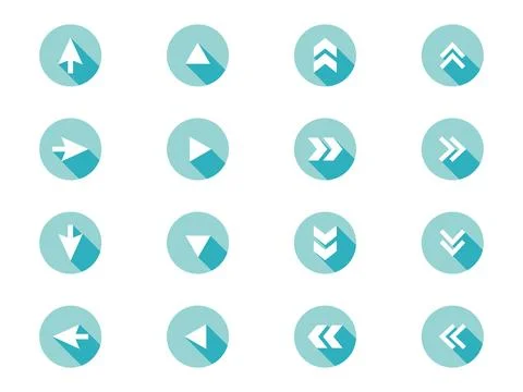 Long shadow flat arrow icon set. Fashionable blue round web icon. Stock Illustration