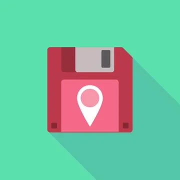 Long shadow floppy icon with a map mark Stock Illustration