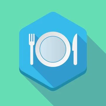 Long shadow hexagon icon with  a dish, knife and a fork icon Illustrazione stock