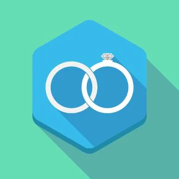 Long shadow hexagon icon with  two bonded wedding rings Stock Illustration