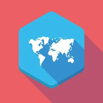 Long shadow hexagon icon with a world map Stock Illustration
