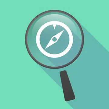 Long shadow magnifier vector icon with a compass Stock Illustration