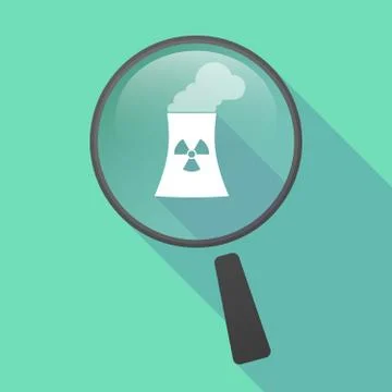 Long shadow magnifier vector icon with a nuclear power station Stock Illustration