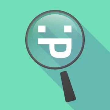 Long shadow magnifier vector icon with a sticking out tongue text face Stock Illustration