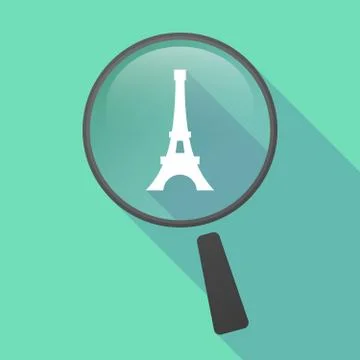 Long shadow magnifier vector icon with   the Eiffel tower Stock Illustration