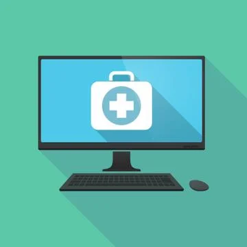 Long shadow pc with  a first aid kit icon Stock Illustration