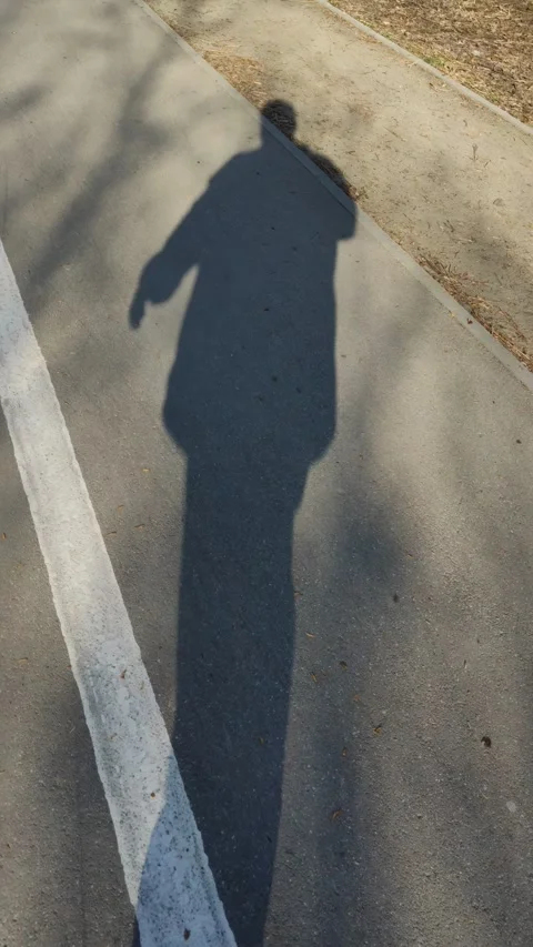Long shadow of a person walking on asphalt path, sunny day Stock Footage 333472121