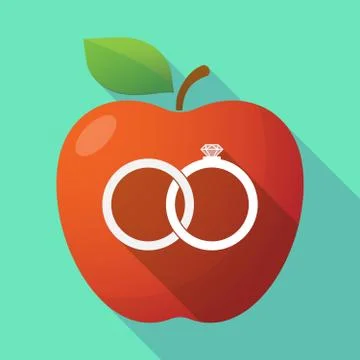 Long shadow red apple icon with  two bonded wedding rings Stock Illustration