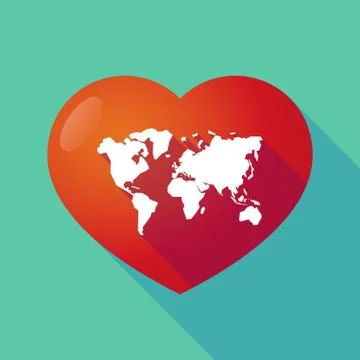 Long shadow red heart with  a world map Stock Illustration