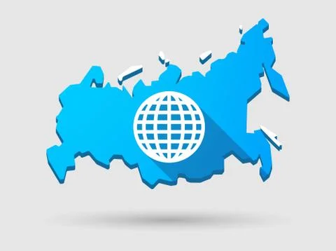 Long shadow russia map icon with a world globe Stock Illustration