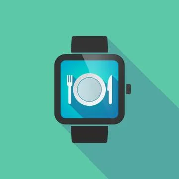 Long shadow smart watch with  a dish, knife and a fork icon Stock Illustration