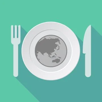 Long shadow tableware with  an Asia Pacific world globe map Stock Illustration