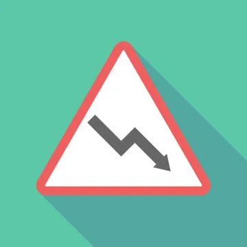 Long shadow triangular warning sign icon with a descending graph Stock Illustration