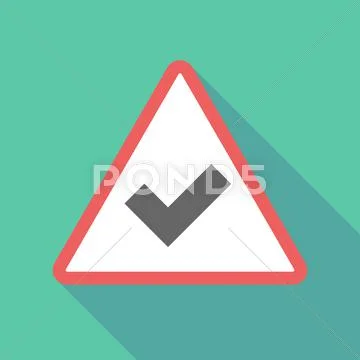 Long Shadow Triangular Warning Sign Icon With A Check Mark