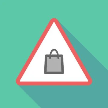Long shadow triangular warning sign icon with a shopping bag Illustrazione stock