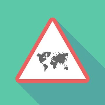 Long shadow triangular warning sign icon with a world map Illustrazione stock