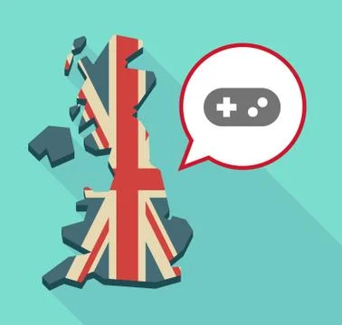 Long shadow United Kingdom map with a comic balloon and a game pad Stock Illustration