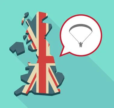 Long shadow United Kingdom map with a comic balloon and a paraglider Illustrazione stock