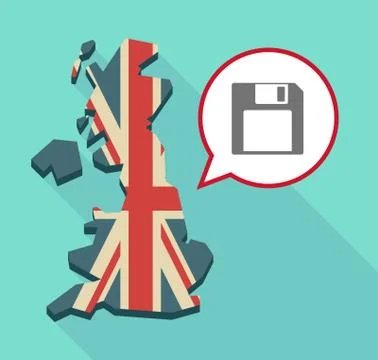 Long shadow United Kingdom map with a comic balloon and a floppy disk Stock Illustration