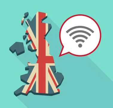 Long shadow United Kingdom map with a comic balloon and a radio signal sign Stock Illustration