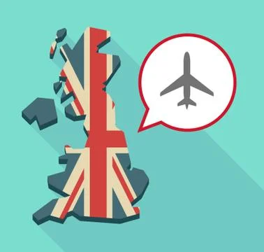 Long shadow United Kingdom map with a comic balloon and a plane Stock Illustration