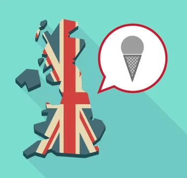 Long shadow United Kingdom map with a comic balloon and a cone ice cream Stock Illustration